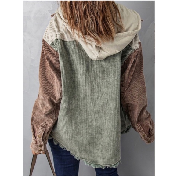 016 Cozy Color Block Oversized Corduroy Hoodie Jacket Shacket - Picture 5 of 13